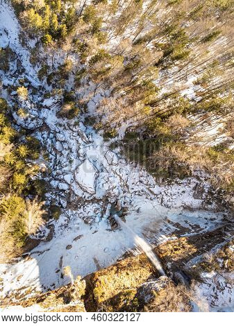 Aerial View Of Pericnik Slap Or Pericnik Waterfall In Winter Time, Triglav National Park, Slovenia. 