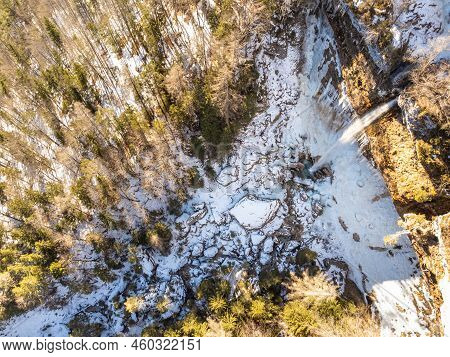 Aerial View Of Pericnik Slap Or Pericnik Waterfall In Winter Time, Triglav National Park, Slovenia. 