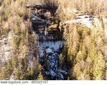 Aerial View Of Pericnik Slap Or Pericnik Waterfall In Winter Time, Triglav National Park, Slovenia. 