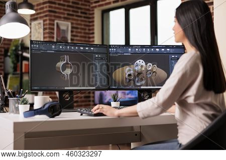 Cad Engineer Developing Machinery Gears Product, Engineering Industrial Turbine Production On Comput