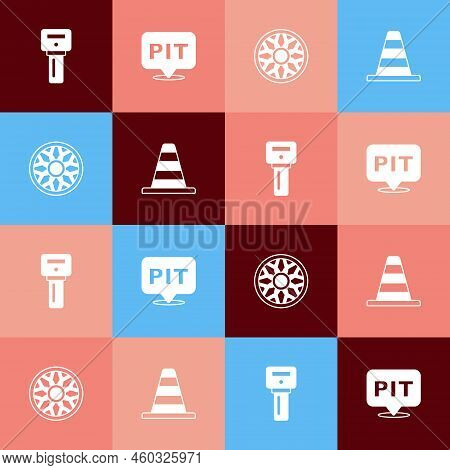 Set Pop Art Car Key With Remote, Pit Stop, Alloy Wheel For Car And Traffic Cone Icon. Vector