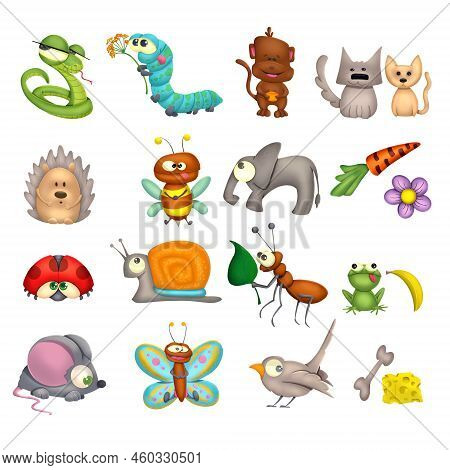 Cute Cartoon Animal Set. Isolated On White Background.