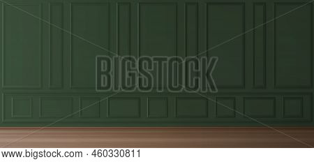 Wall In Luxury Victorian Style, Empty Room Interior, Green Background With Square And Rectangular Mo