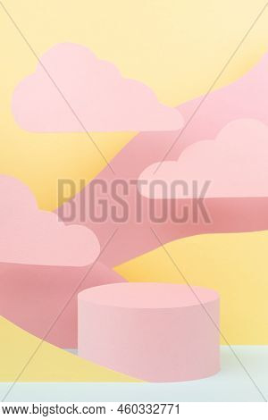Fantasy Cartoon Abstract Scene Mockup - Round Pink Podium, Mountain Landscape Pink, Yellow, Mint Col