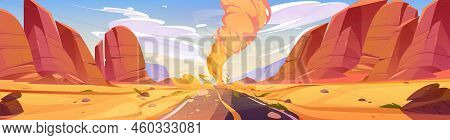 Tornado At Desert Road Cartoon Nature Landscape. Wind Storm With Air Funnel At Highway With Cracked 