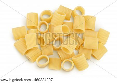 Raw Italian Pasta Isolated On White Background. Mezze Maniche Rigate Bronze Die. Top View. Flat Lay