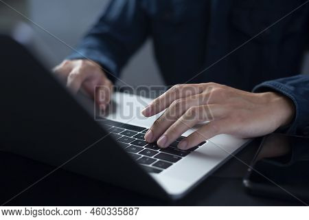 Person Are Using Laptops, Working Or Studying Online At Home. Businessman Using Laptop Work Outside 