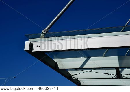 Strut, Suspended Glass Roof Above The Building Entrance. Bus Station, Railway Station. Cable Wind Br