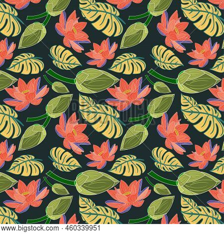 Beautiful Floral Seamless Pattern Of Dark Olive Green, Orange Soda, Dark Green X 11, Liberty Color L