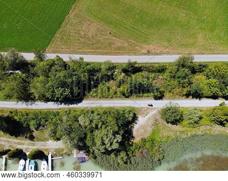 Drava River Bicycle Path (drauradweg) Near St. Jakob Im Rosental, Austria. Summer View From A Drone.