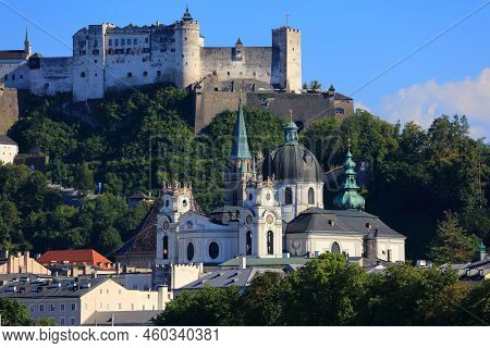 Salzburg, Austria. City View With Hohensalzburg Fortress And Kollegienkirche Church.