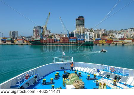 A Ferry Enters The Port Of Durres On Albania