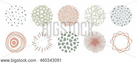 Set Of Circle Doodle Textutes. Vector Hand Drawn Abstract Patterns, Lines And Dots. Freehand Drawing
