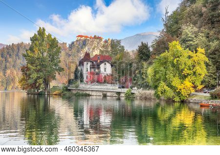 Gorgeous Sunny Day View Of Popular Tourist Destination  Bled Lake. Dramatic View Of Bled Castle With