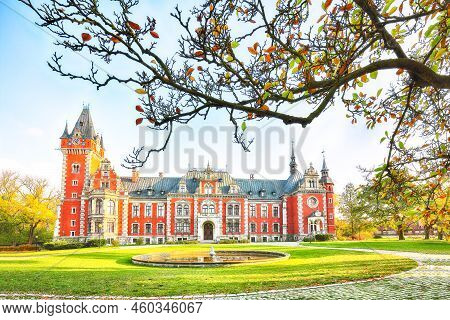 Fabulous Autumn Landscape With Plawniowice Palace. Popular Tourist Destination. Location: Plawniowic