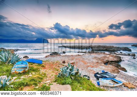 Breathtaking Evening Seascape Of Isolidda Beach On San Vito Cape. Popular Travel Destination Of Medi
