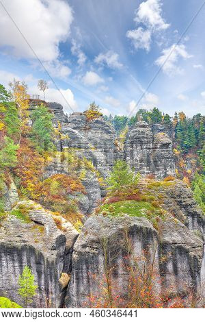 Picturesque Autumn Landscape In Saxon Switzerland National Park.  Location: Lohmen, State Of Saxony,