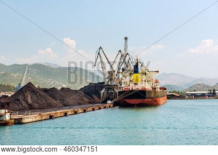 Coal Unloaded By Industrial Cranes From The Freight Vessel, International Port Of Ploce, Croatia