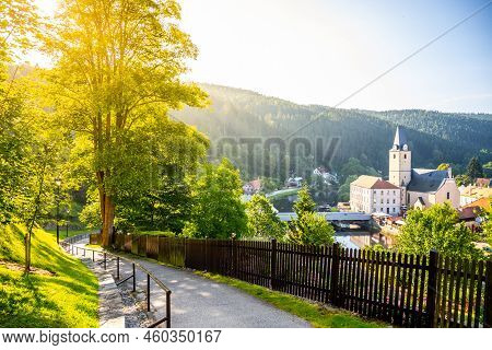 Rozmberk Town Panorama With Church Of St. Nicholas, Rozmberk Nad Vltavou, Czech Republic