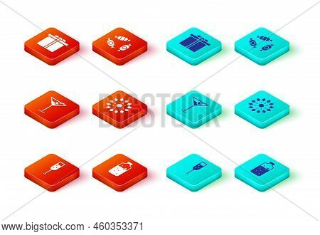 Set Glass Of Champagne, Mulled Wine, Martini Glass, Firework, Candy And Gift Box Icon. Vector