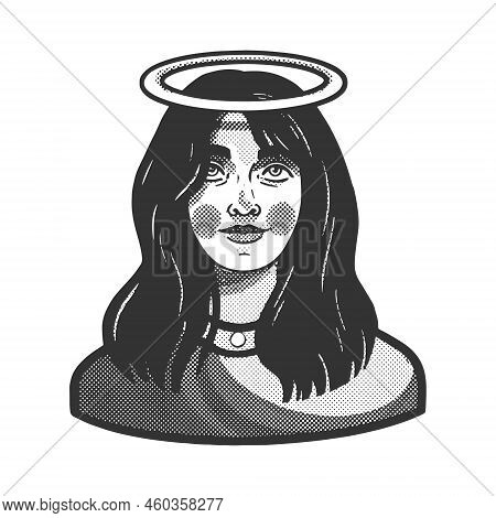 Girl With Halo Nimbus Over Her Head Sketch Engraving Vector Illustration. Scratch Board Imitation. B