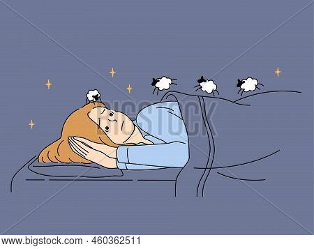 Unhappy Woman Lying In Bed Counting Sheep Suffer From Insomnia. Stressed Female Suffer From Thoughts