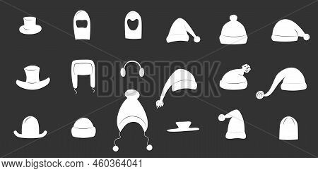 Winter Hats And Caps Silhouette Set For Photo Prop Box. Vector Stock Illustration Isolated On Black 