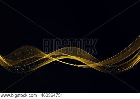 Golden Wave With Sequins Glittering Dust Isolated On Black Background. Abstract Golden Wave Flow Bac