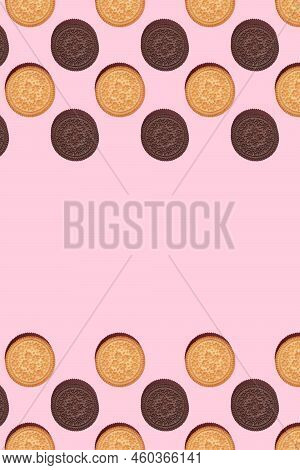 Pattern Of Cookies. Cookies On A White Background. Flat Lay. Ssandwich Cookies Filled With Sweet Cre