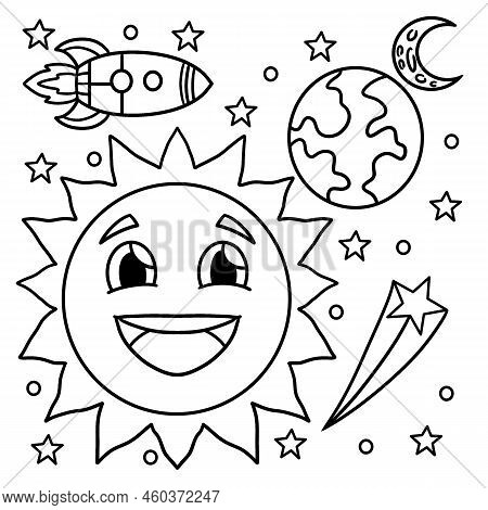 A Cute And Funny Coloring Page Of A Happy Sun In Space. Provides Hours Of Coloring Fun For Children.