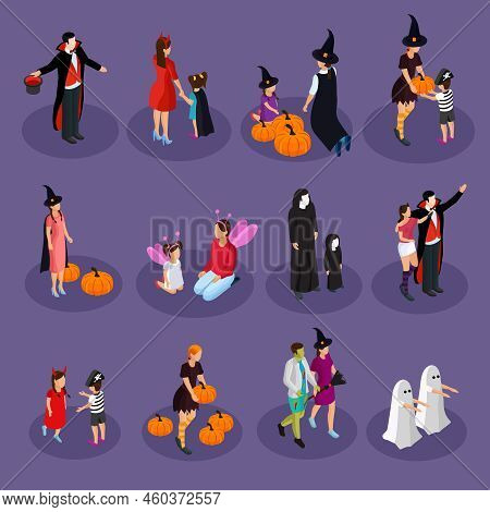 Isometric Halloween Holiday Collection With People Wearing Hats And Costumes Of Vampire Witch Ghost 
