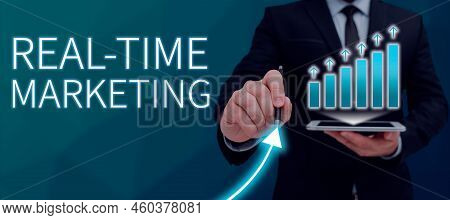 Handwriting Text Real Time Marketing. Internet Concept Creating A Strategy Focused On Current Releva