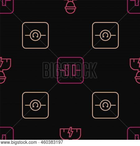 Set Line Electrician, Ohmmeter And Electrolytic Capacitor On Seamless Pattern. Vector