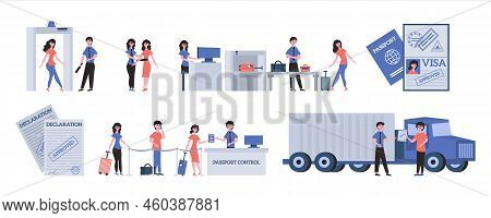 Customs Control Flat Set With Passengers Passing Through Passport Control In Airport And Trucker Sub