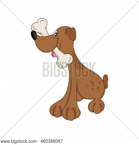Vector Illustration Of Cartoon Fairy Dog. Caricature. A Dog With A Bone In Its Mouth. Tongue Stickin