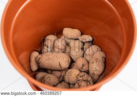 Claydite Drainage Stones In A Pot For Houseplants On A White Background.