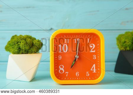 Alarm Clock On Blue Background With Green Plant. Top View