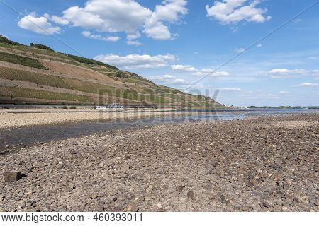 Rhine Near Bingen In Rhineland-palatinate In Germany. Extreme Low Water In The Drought Summer Of 202