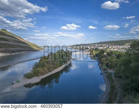 Aerial View With The Rhine And Mouse Tower Island Near Bingen In Rhineland-palatinate In Germany. Ex