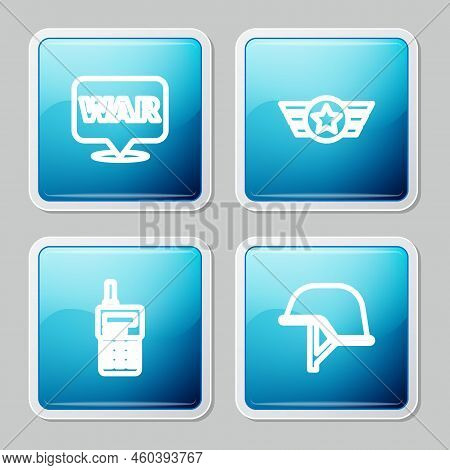 Set Line The Word War, Star American Military, Walkie Talkie And Military Helmet Icon. Vector