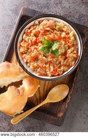 Kyopolou Melds Roasted Sweet Peppers, Eggplant, And Ripe Tomatoes Serve With Pita Bread Closeup In T