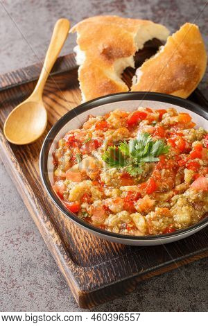 Kyopolou Melds Roasted Sweet Peppers, Eggplant, And Ripe Tomatoes Serve With Pita Bread Closeup In T