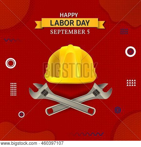 Happy Labor Day Usa Memphis Vector Poster Illustration September 5 Celebration. Realistic Helmet And