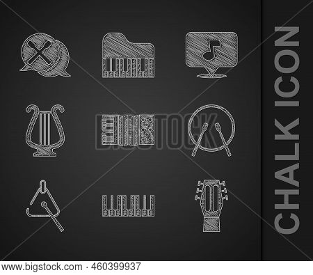 Set Accordion, Music Synthesizer, Guitar, Drum And Drum Sticks, Triangle, Ancient Lyre, Note, Tone A