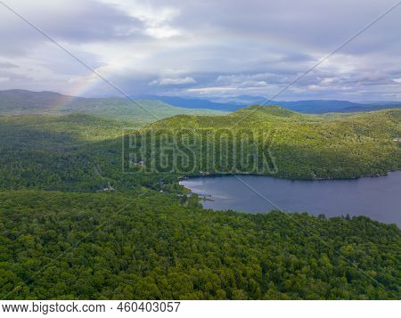 Aerial View Of Rainbow Over Stinson Lake In White Mountain National Forest In Summer In Town Of Rumn