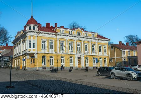 Tammisaari, Finland  - March 25, 2021:  Winter In Tammisaari Finland. Old City Hall On The City Squa