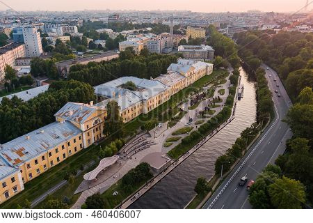 Aerial View Of The Public Park Of The Karpovka River Embankment In St. Petersburg At Sunset, Russia,