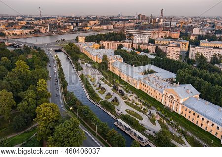 Aerial View Of The Public Park Of The Karpovka River Embankment In St. Petersburg At Sunset, Russia,