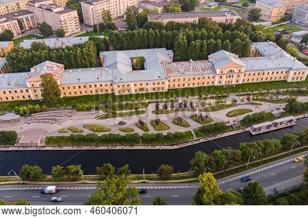 Aerial View Of The Public Park Of The Karpovka River Embankment In St. Petersburg At Sunset, Russia,
