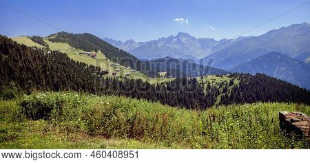 Turkey, Rize, Pokut Plateau, Historic Plateau Houses And Nature View, Panoramic View